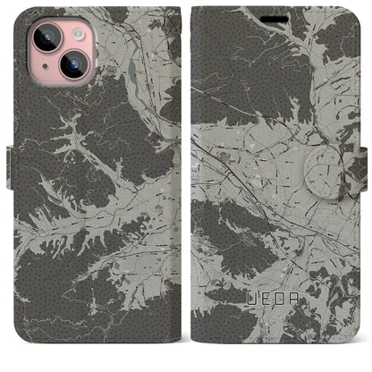 【上田（長野県）】地図柄iPhoneケース（手帳タイプ）モノトーン・iPhone 15 Plus 用