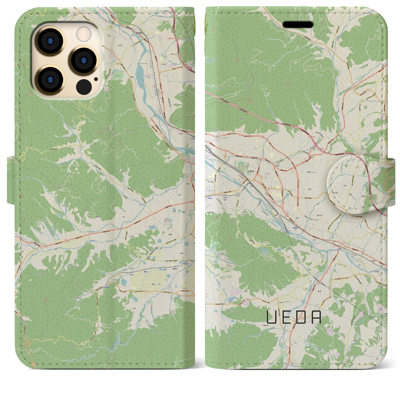 【上田】地図柄iPhoneケース（手帳両面タイプ・ナチュラル）iPhone 12 Pro Max 用