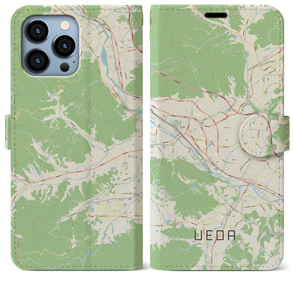 【上田（長野県）】地図柄iPhoneケース（手帳タイプ）ナチュラル・iPhone 13 Pro Max 用
