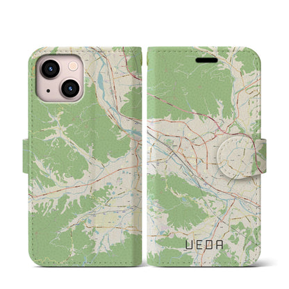 【上田（長野県）】地図柄iPhoneケース（手帳タイプ）ナチュラル・iPhone 13 mini 用