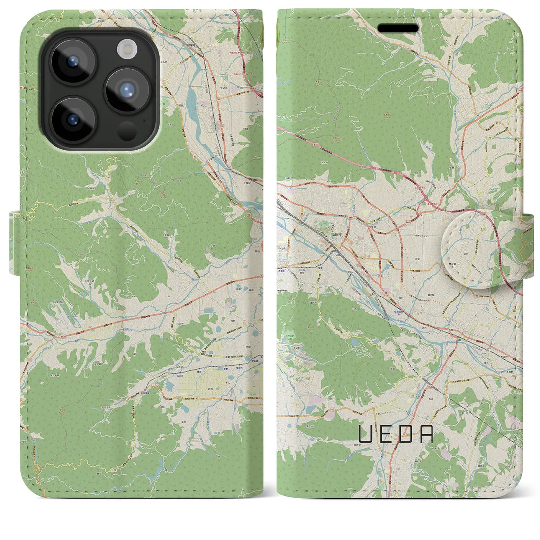 【上田】地図柄iPhoneケース（手帳両面タイプ・ナチュラル）iPhone 15 Pro Max 用