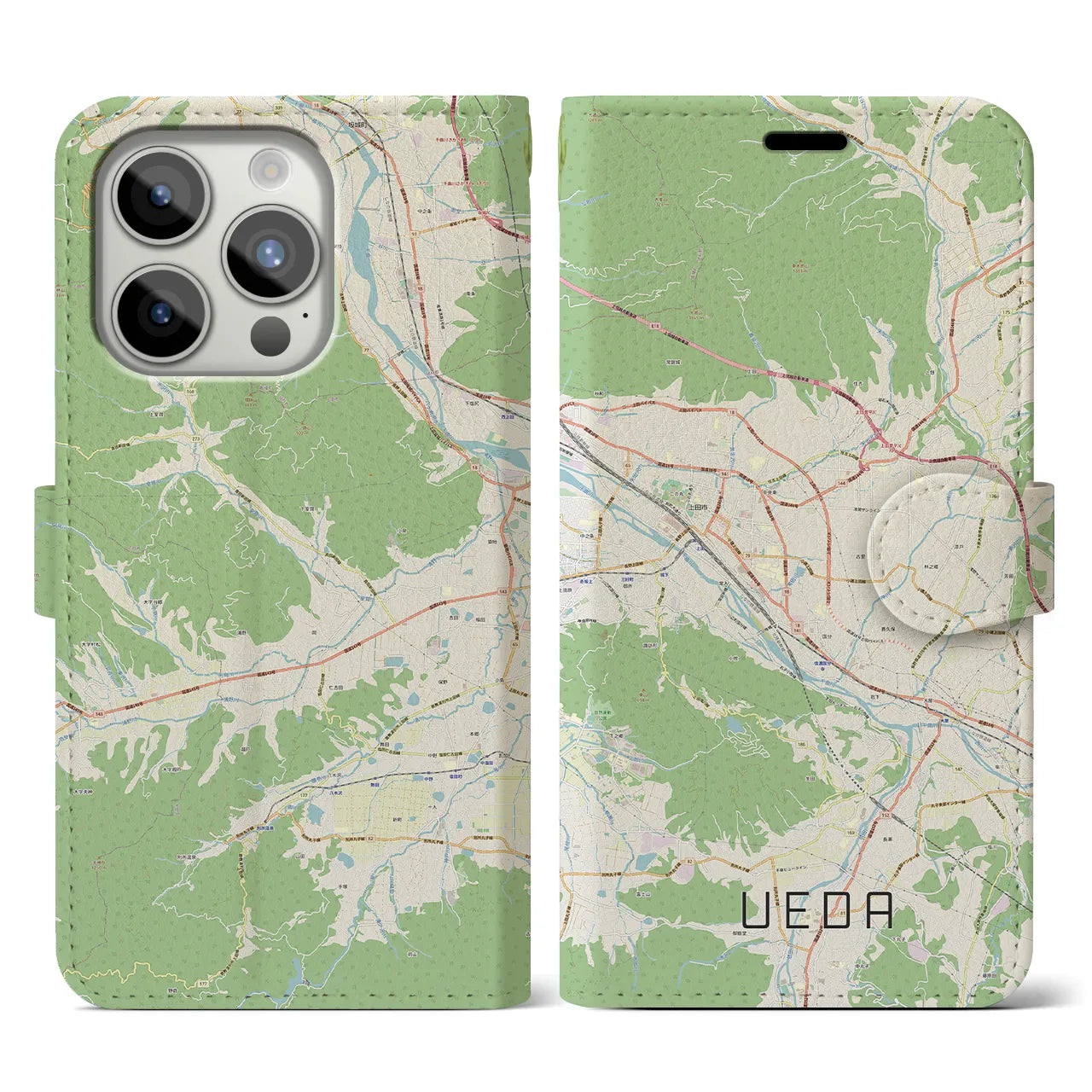 【上田】地図柄iPhoneケース（手帳両面タイプ・ナチュラル）iPhone 15 Pro 用