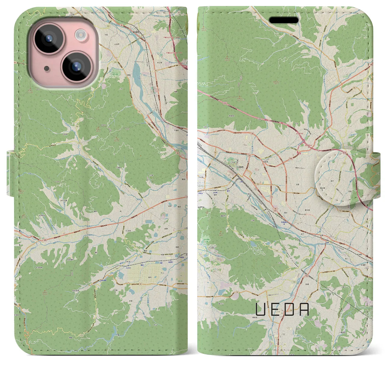 【上田】地図柄iPhoneケース（手帳両面タイプ・ナチュラル）iPhone 15 Plus 用