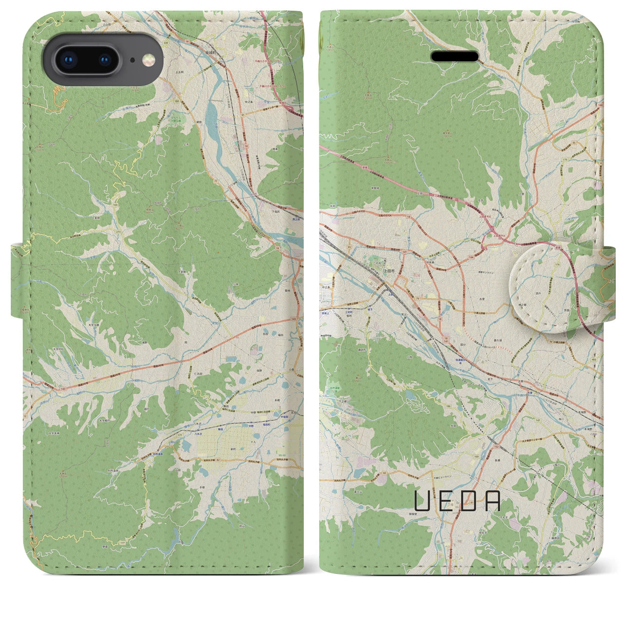 【上田】地図柄iPhoneケース（手帳両面タイプ・ナチュラル）iPhone 8Plus /7Plus / 6sPlus / 6Plus 用