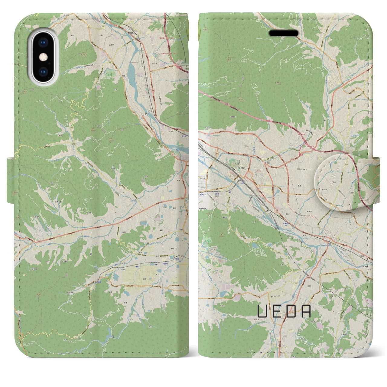 【上田】地図柄iPhoneケース（手帳両面タイプ・ナチュラル）iPhone XS Max 用