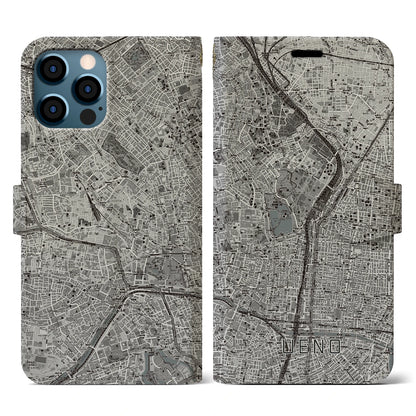 【上野（東京都）】地図柄iPhoneケース（手帳タイプ）モノトーン・iPhone 12 / 12 Pro 用