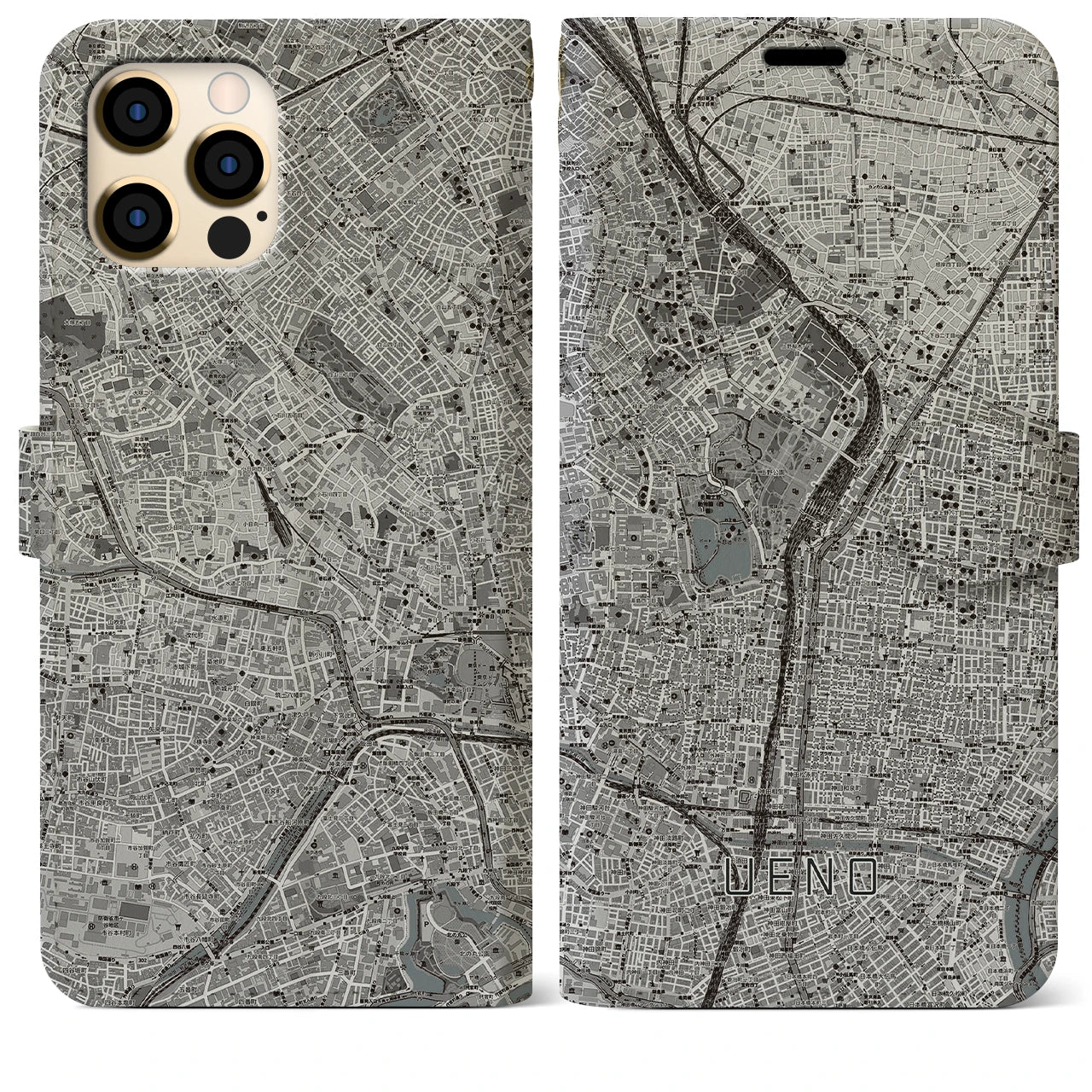【上野】地図柄iPhoneケース（手帳両面タイプ・モノトーン）iPhone 12 Pro Max 用
