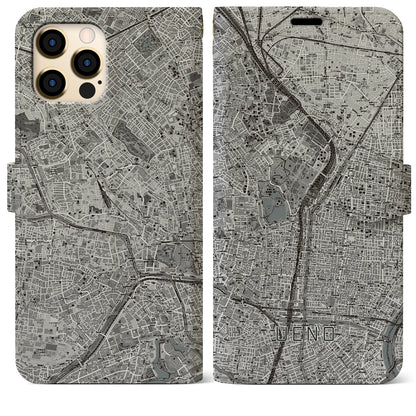 【上野（東京都）】地図柄iPhoneケース（手帳タイプ）モノトーン・iPhone 12 Pro Max 用