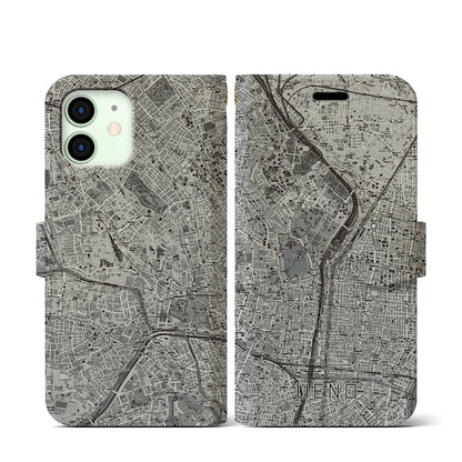 【上野（東京都）】地図柄iPhoneケース（手帳タイプ）モノトーン・iPhone 12 mini 用