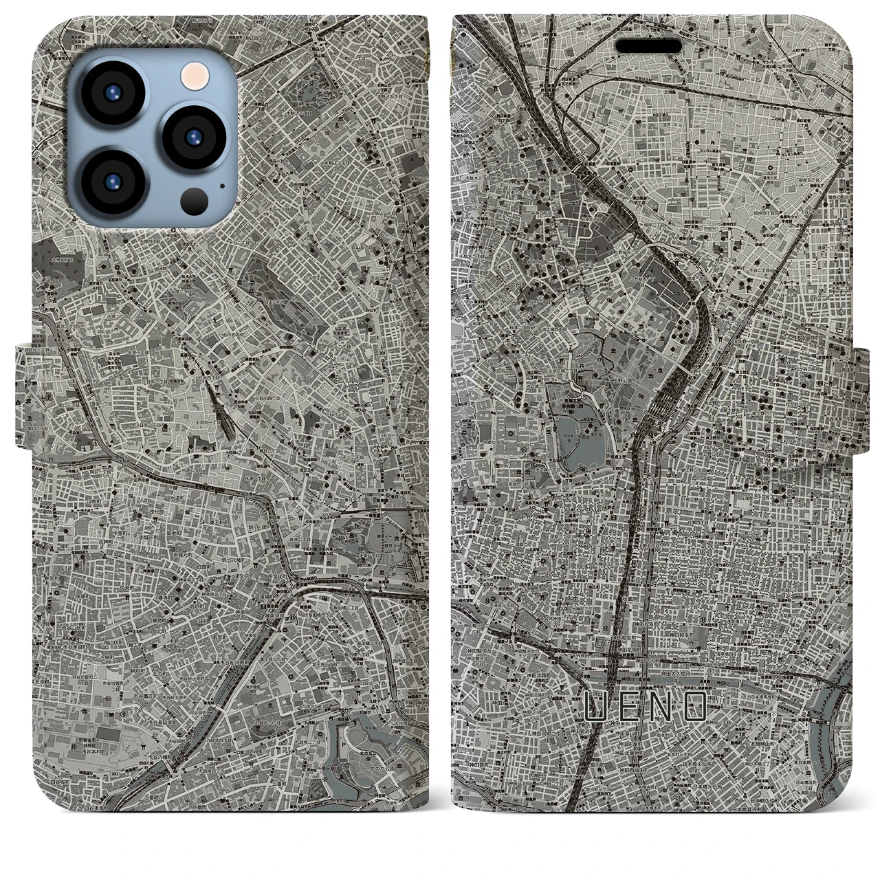 【上野】地図柄iPhoneケース（手帳両面タイプ・モノトーン）iPhone 13 Pro Max 用
