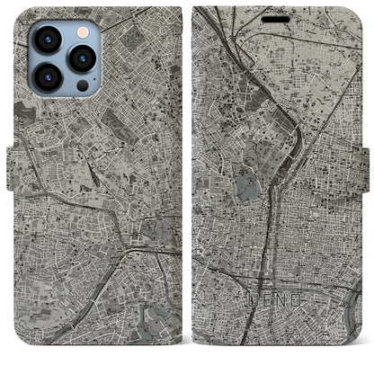 【上野（東京都）】地図柄iPhoneケース（手帳タイプ）モノトーン・iPhone 13 Pro Max 用