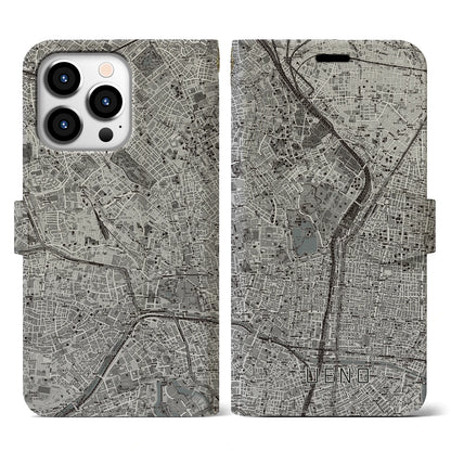 【上野（東京都）】地図柄iPhoneケース（手帳タイプ）モノトーン・iPhone 13 Pro 用