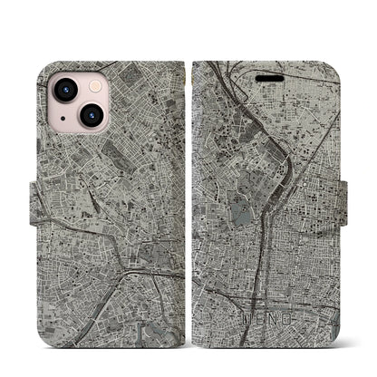 【上野（東京都）】地図柄iPhoneケース（手帳タイプ）モノトーン・iPhone 13 mini 用