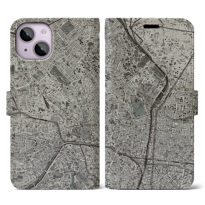 【上野（東京都）】地図柄iPhoneケース（手帳タイプ）モノトーン・iPhone 14 用