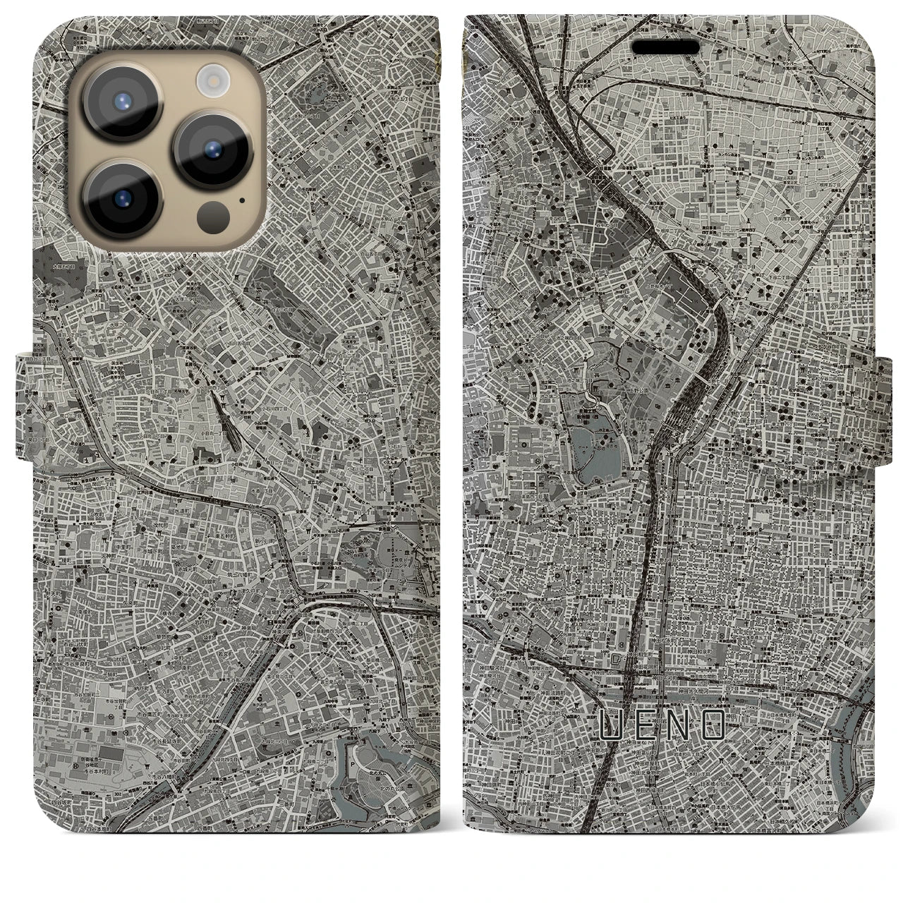 【上野】地図柄iPhoneケース（手帳両面タイプ・モノトーン）iPhone 14 Pro Max 用