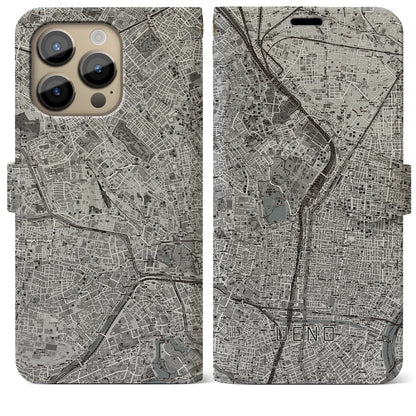 【上野（東京都）】地図柄iPhoneケース（手帳タイプ）モノトーン・iPhone 14 Pro Max 用