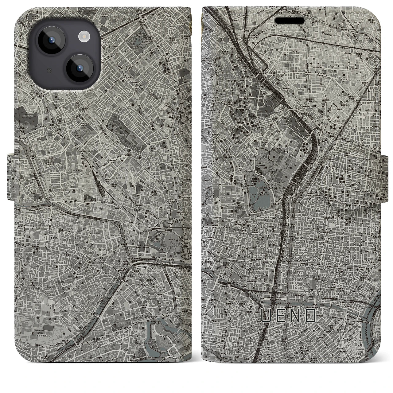 【上野】地図柄iPhoneケース（手帳両面タイプ・モノトーン）iPhone 14 Plus 用