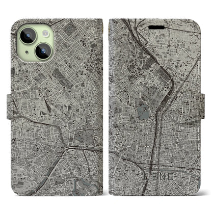 【上野（東京都）】地図柄iPhoneケース（手帳タイプ）モノトーン・iPhone 15 用