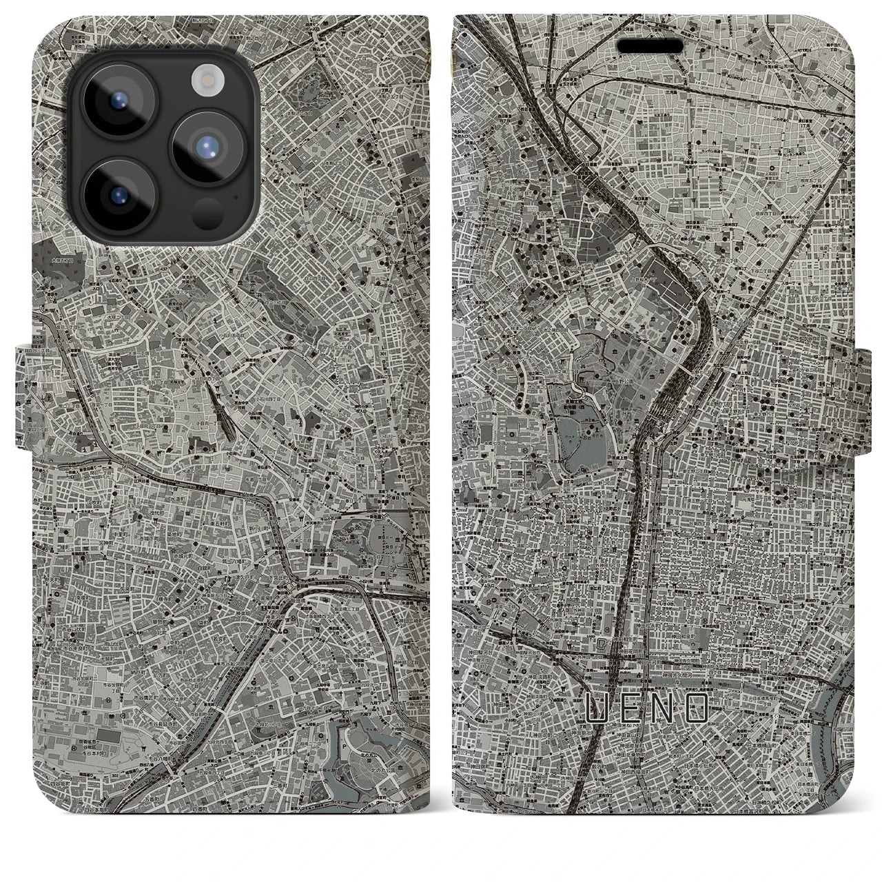 【上野】地図柄iPhoneケース（手帳両面タイプ・モノトーン）iPhone 15 Pro Max 用