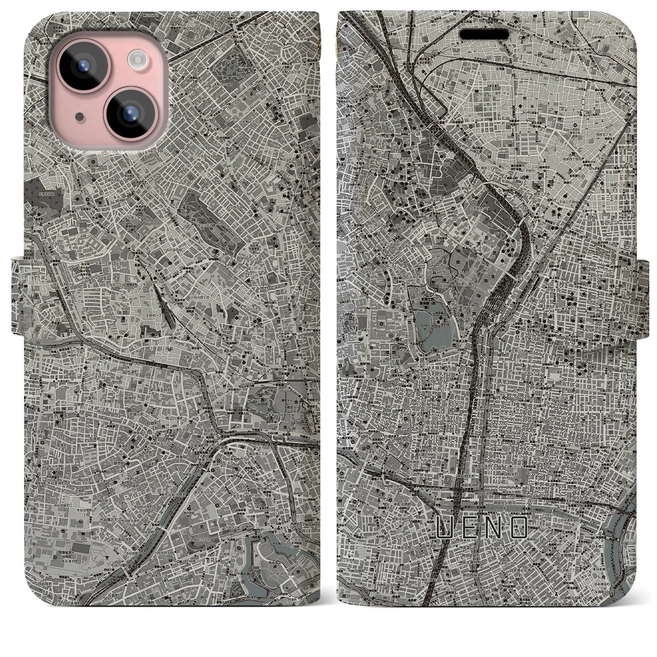 【上野】地図柄iPhoneケース（手帳両面タイプ・モノトーン）iPhone 15 Plus 用