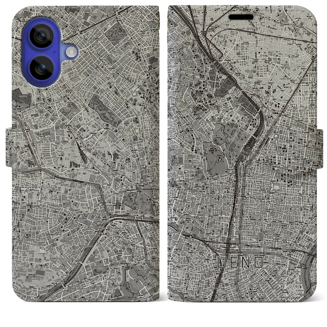 【上野(東京都)】地図柄iPhoneケース(手帳タイプ)モノトーン・iPhone 16 Pro Max 用