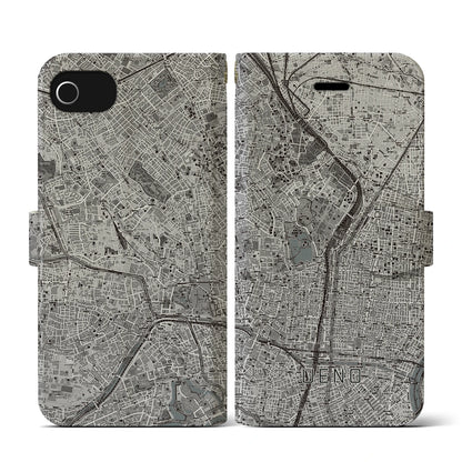 【上野（東京都）】地図柄iPhoneケース（手帳タイプ）モノトーン・iPhone SE（第3 / 第2世代） / 8 / 7 / 6s / 6 用