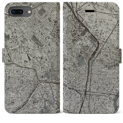 【上野（東京都）】地図柄iPhoneケース（手帳タイプ）モノトーン・iPhone 8Plus /7Plus / 6sPlus / 6Plus 用