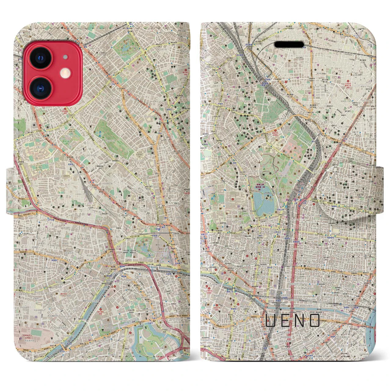 【上野】地図柄iPhoneケース（手帳両面タイプ・ナチュラル）iPhone 11 用