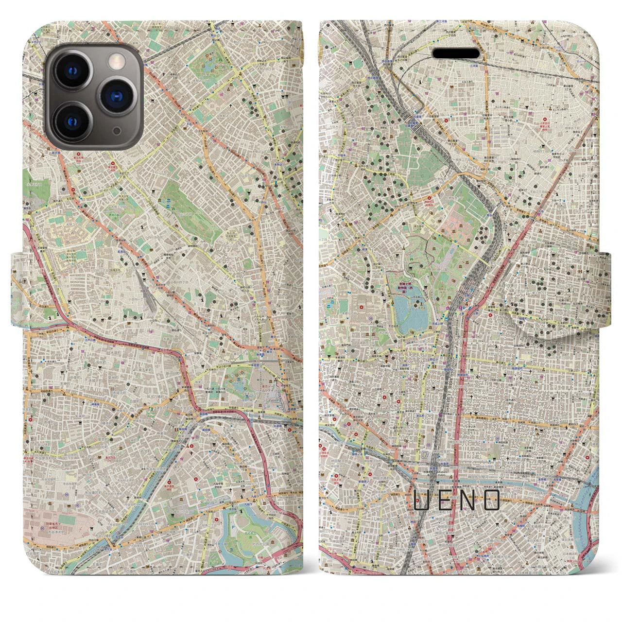 【上野】地図柄iPhoneケース（手帳両面タイプ・ナチュラル）iPhone 11 Pro Max 用