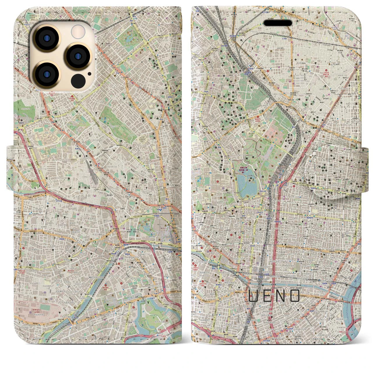 【上野】地図柄iPhoneケース（手帳両面タイプ・ナチュラル）iPhone 12 Pro Max 用