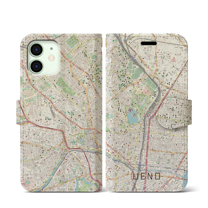 【上野（東京都）】地図柄iPhoneケース（手帳タイプ）ナチュラル・iPhone 12 mini 用
