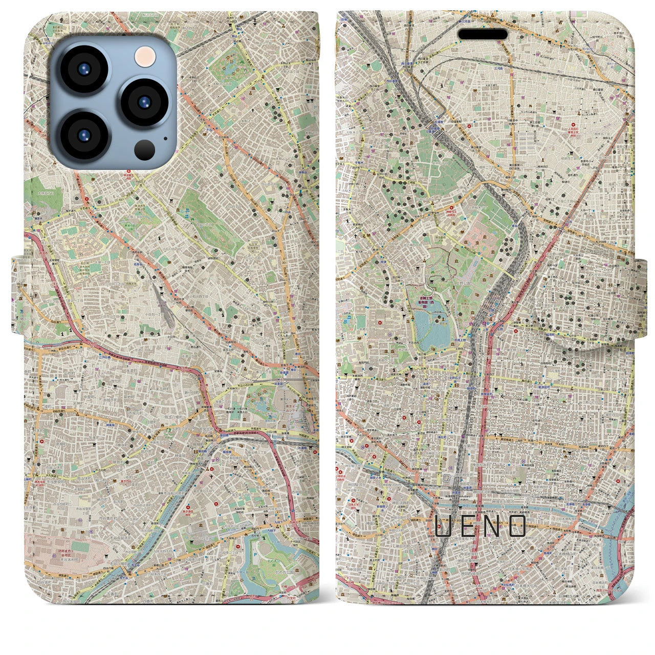 【上野】地図柄iPhoneケース（手帳両面タイプ・ナチュラル）iPhone 13 Pro Max 用