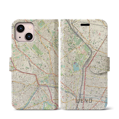 【上野（東京都）】地図柄iPhoneケース（手帳タイプ）ナチュラル・iPhone 13 mini 用