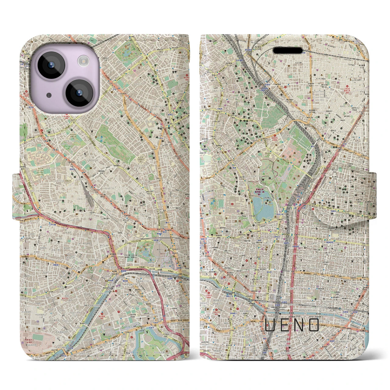 【上野】地図柄iPhoneケース（手帳両面タイプ・ナチュラル）iPhone 14 用