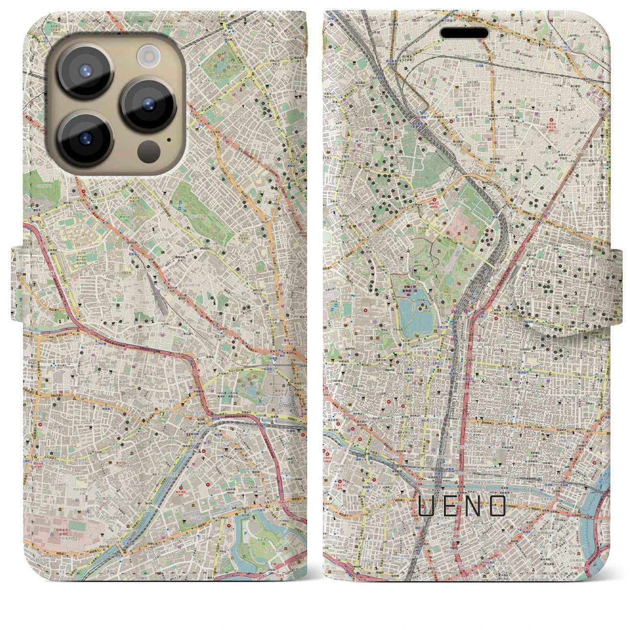【上野】地図柄iPhoneケース（手帳両面タイプ・ナチュラル）iPhone 14 Pro Max 用