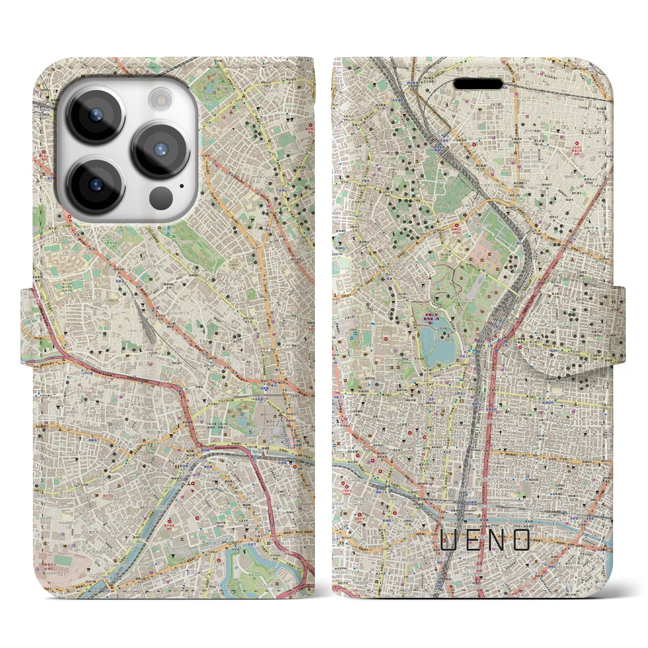 【上野】地図柄iPhoneケース（手帳両面タイプ・ナチュラル）iPhone 14 Pro 用