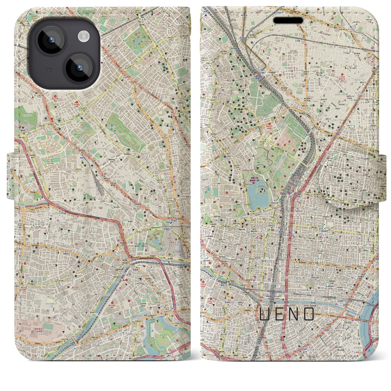 【上野】地図柄iPhoneケース（手帳両面タイプ・ナチュラル）iPhone 14 Plus 用
