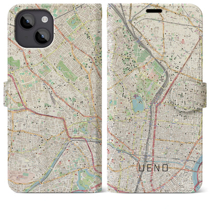 【上野（東京都）】地図柄iPhoneケース（手帳タイプ）ナチュラル・iPhone 14 Plus 用