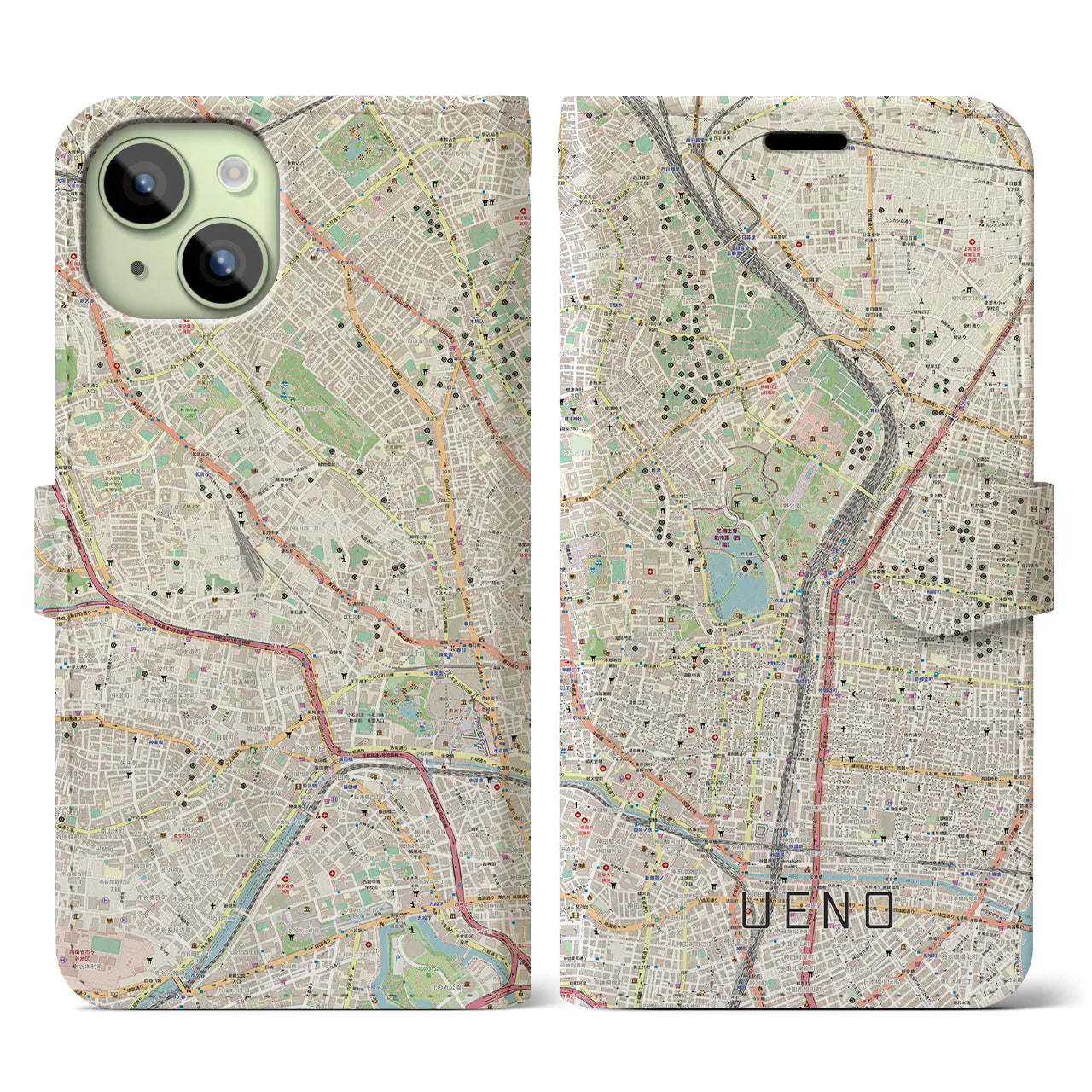 【上野】地図柄iPhoneケース（手帳両面タイプ・ナチュラル）iPhone 15 用