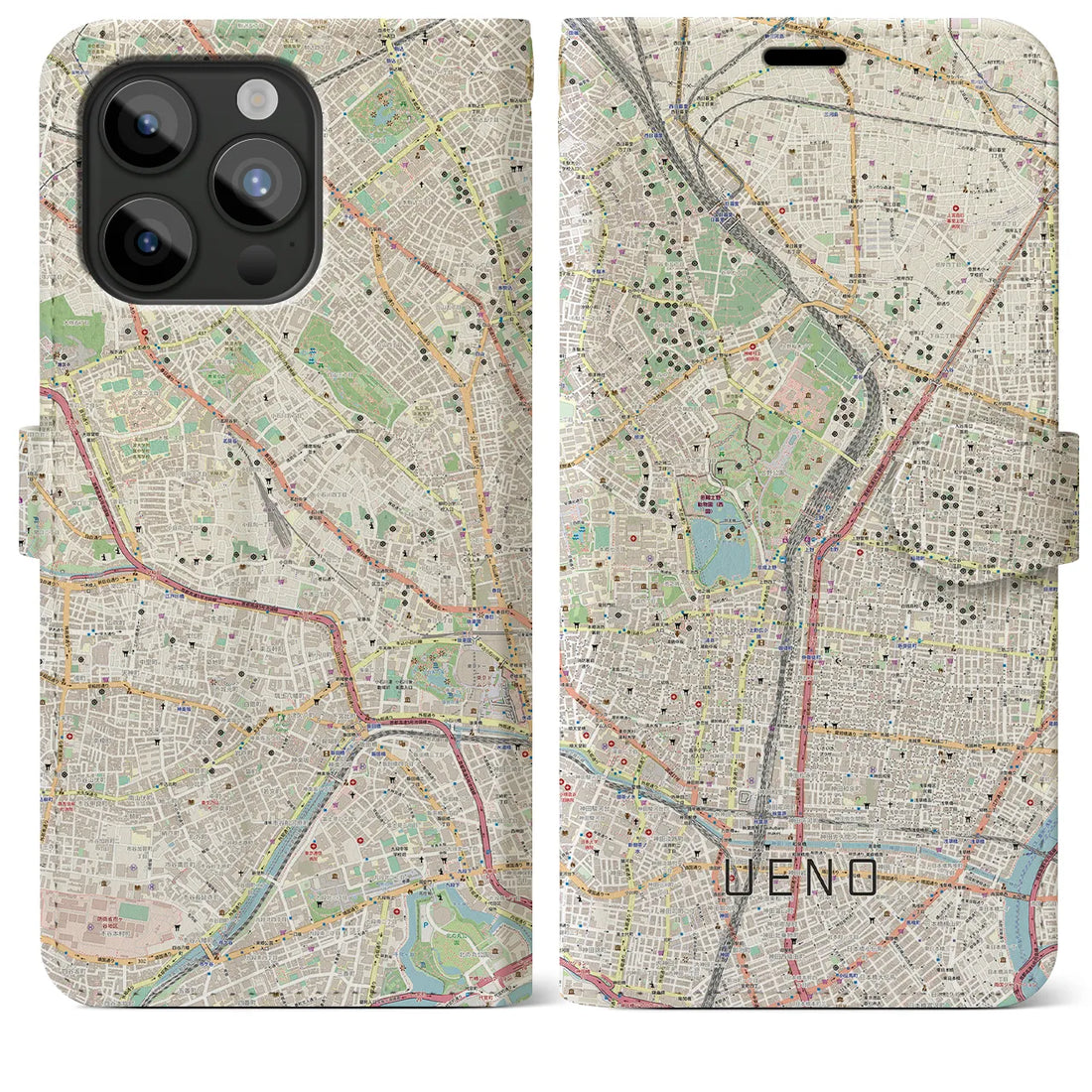 【上野】地図柄iPhoneケース（手帳両面タイプ・ナチュラル）iPhone 15 Pro Max 用