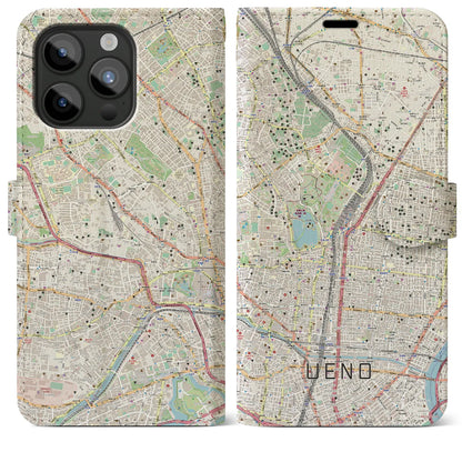 【上野（東京都）】地図柄iPhoneケース（手帳タイプ）ナチュラル・iPhone 15 Pro Max 用