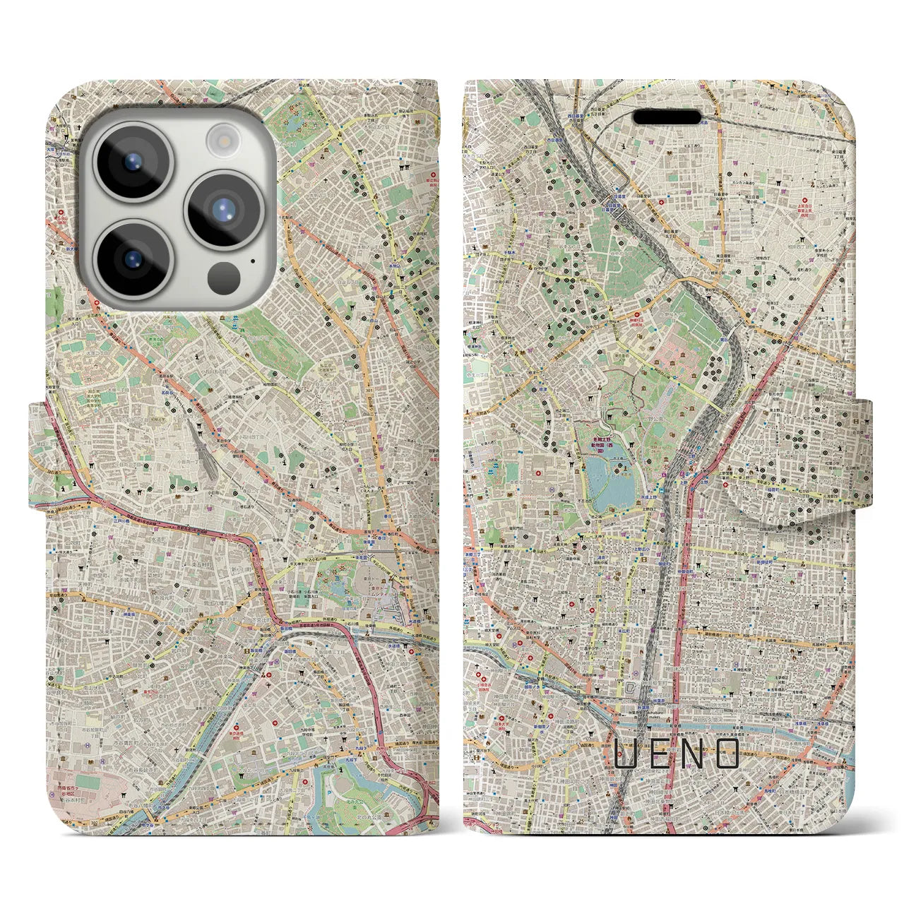 【上野】地図柄iPhoneケース（手帳両面タイプ・ナチュラル）iPhone 15 Pro 用