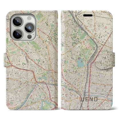 【上野（東京都）】地図柄iPhoneケース（手帳タイプ）ナチュラル・iPhone 15 Pro 用