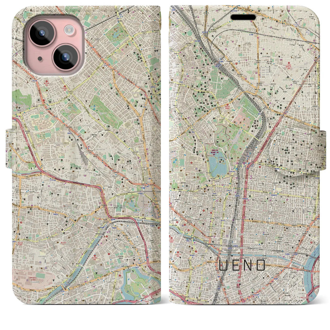 【上野】地図柄iPhoneケース（手帳両面タイプ・ナチュラル）iPhone 15 Plus 用