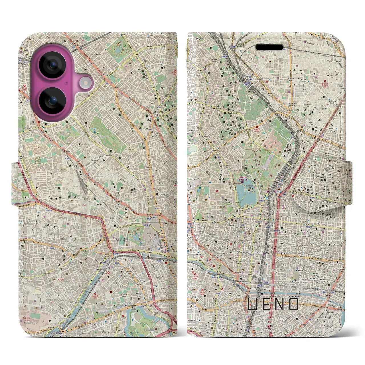 【上野（東京都）】地図柄iPhoneケース（手帳タイプ）ナチュラル・iPhone 16 Pro 用