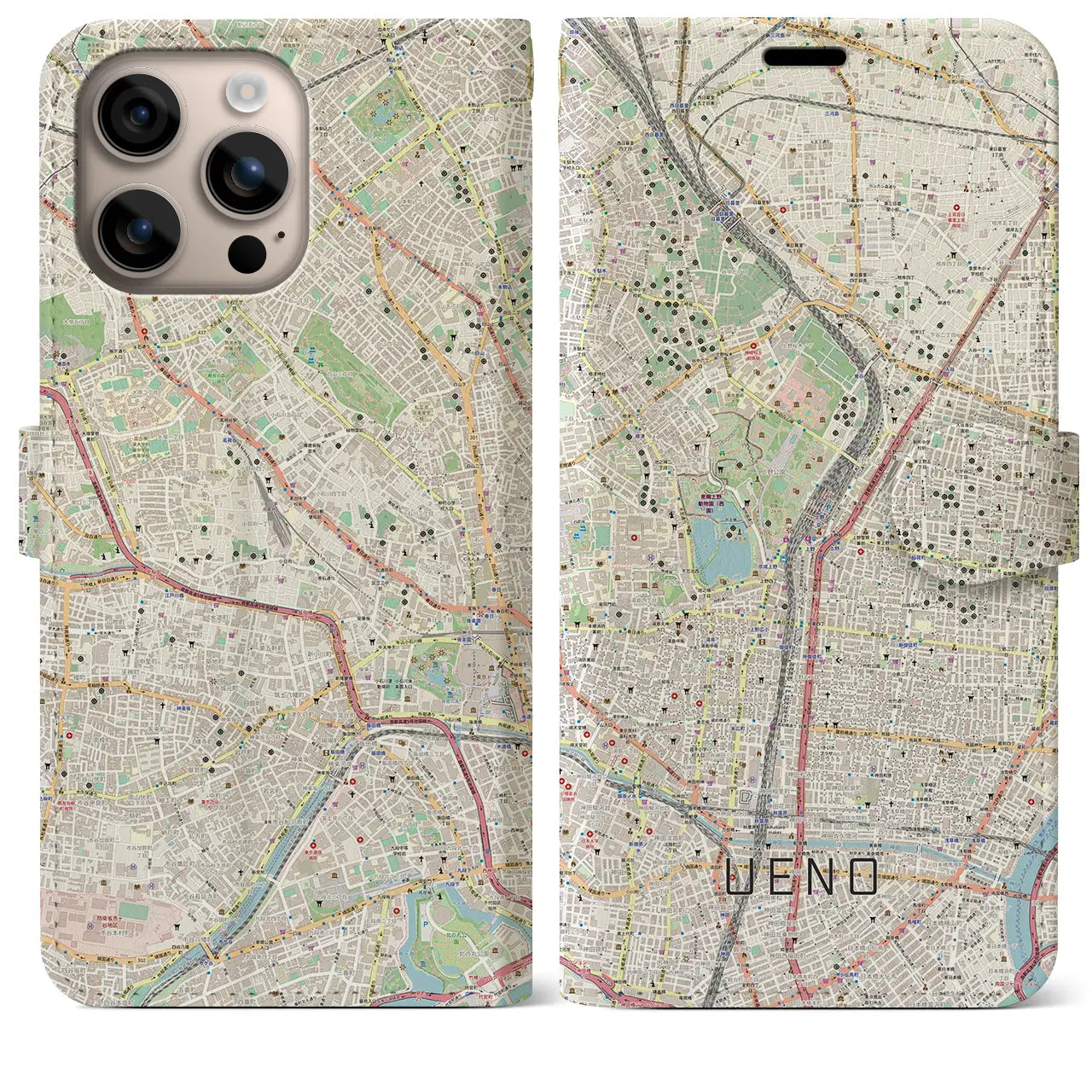 【上野（東京都）】地図柄iPhoneケース（手帳タイプ）ナチュラル・iPhone 16 Plus 用