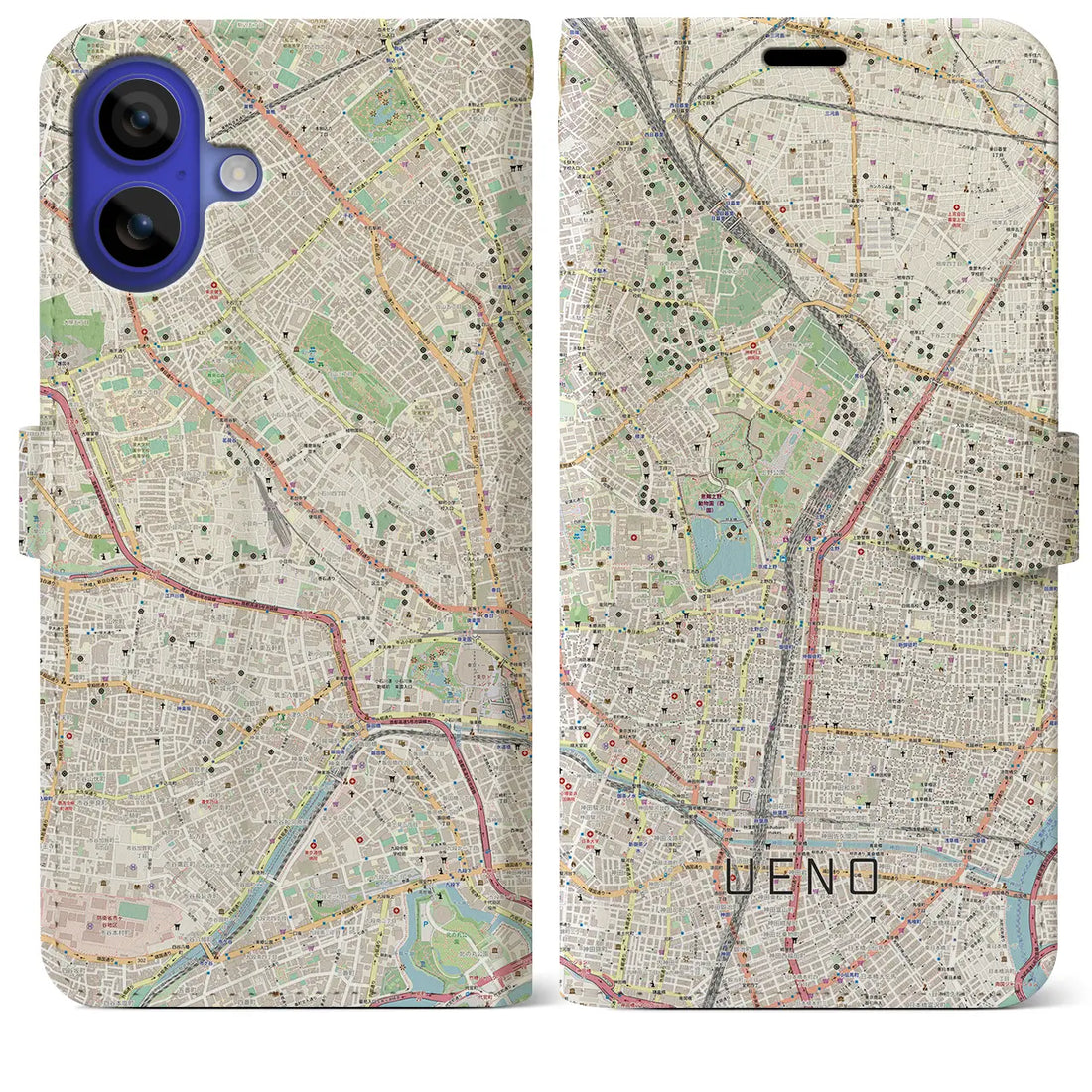 【上野(東京都)】地図柄iPhoneケース(手帳タイプ)ナチュラル・iPhone 16 Pro Max 用
