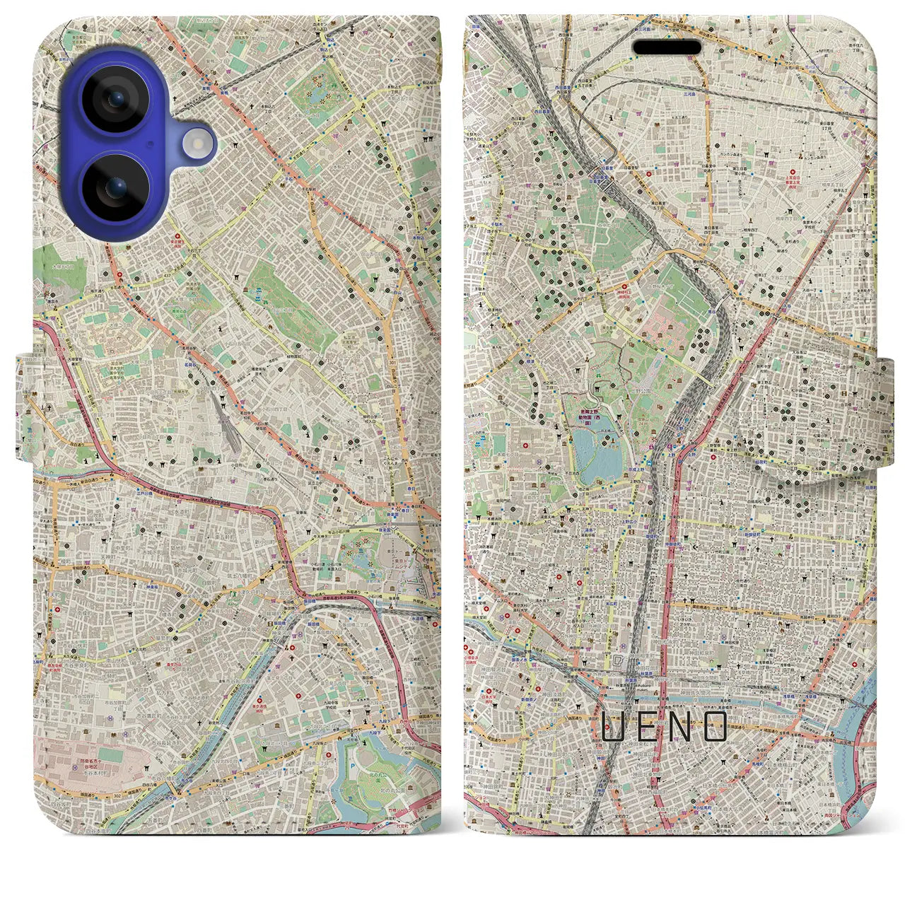 【上野（東京都）】地図柄iPhoneケース（手帳タイプ）ナチュラル・iPhone 16 Pro Max 用