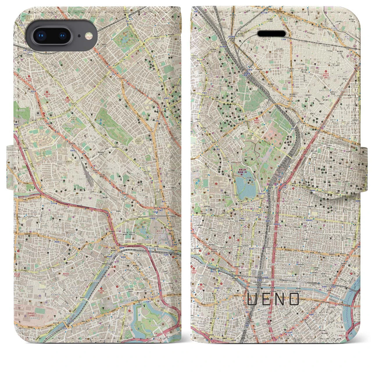 【上野】地図柄iPhoneケース（手帳両面タイプ・ナチュラル）iPhone 8Plus /7Plus / 6sPlus / 6Plus 用