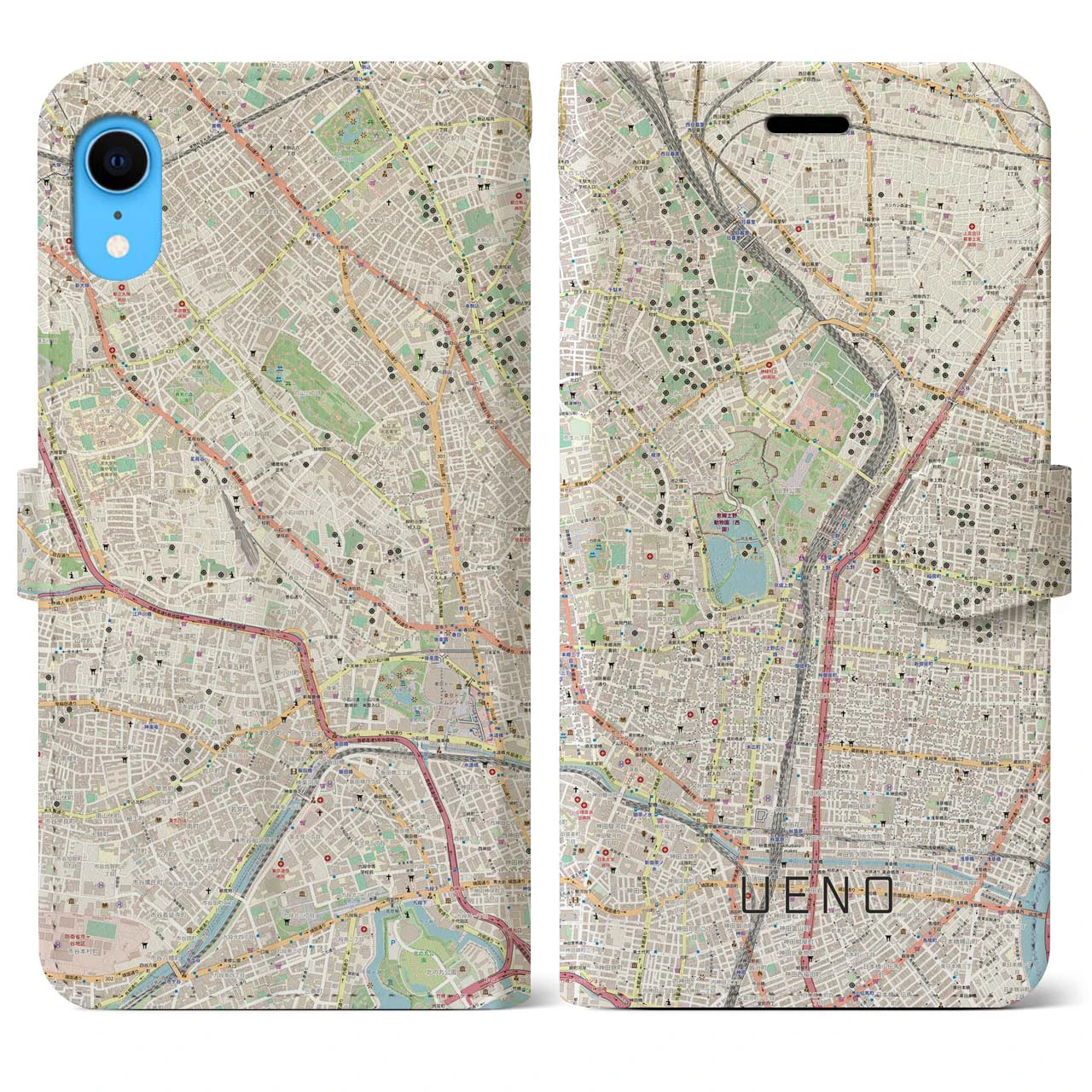 【上野】地図柄iPhoneケース（手帳両面タイプ・ナチュラル）iPhone XR 用